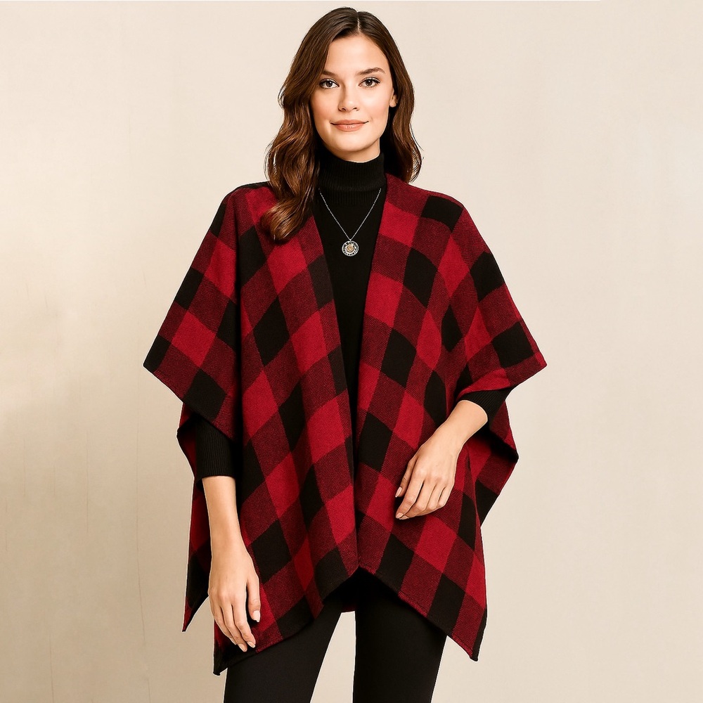 NWT Vince Camuto Fringed Red Buffalo Plaid Checks Poncho One Size